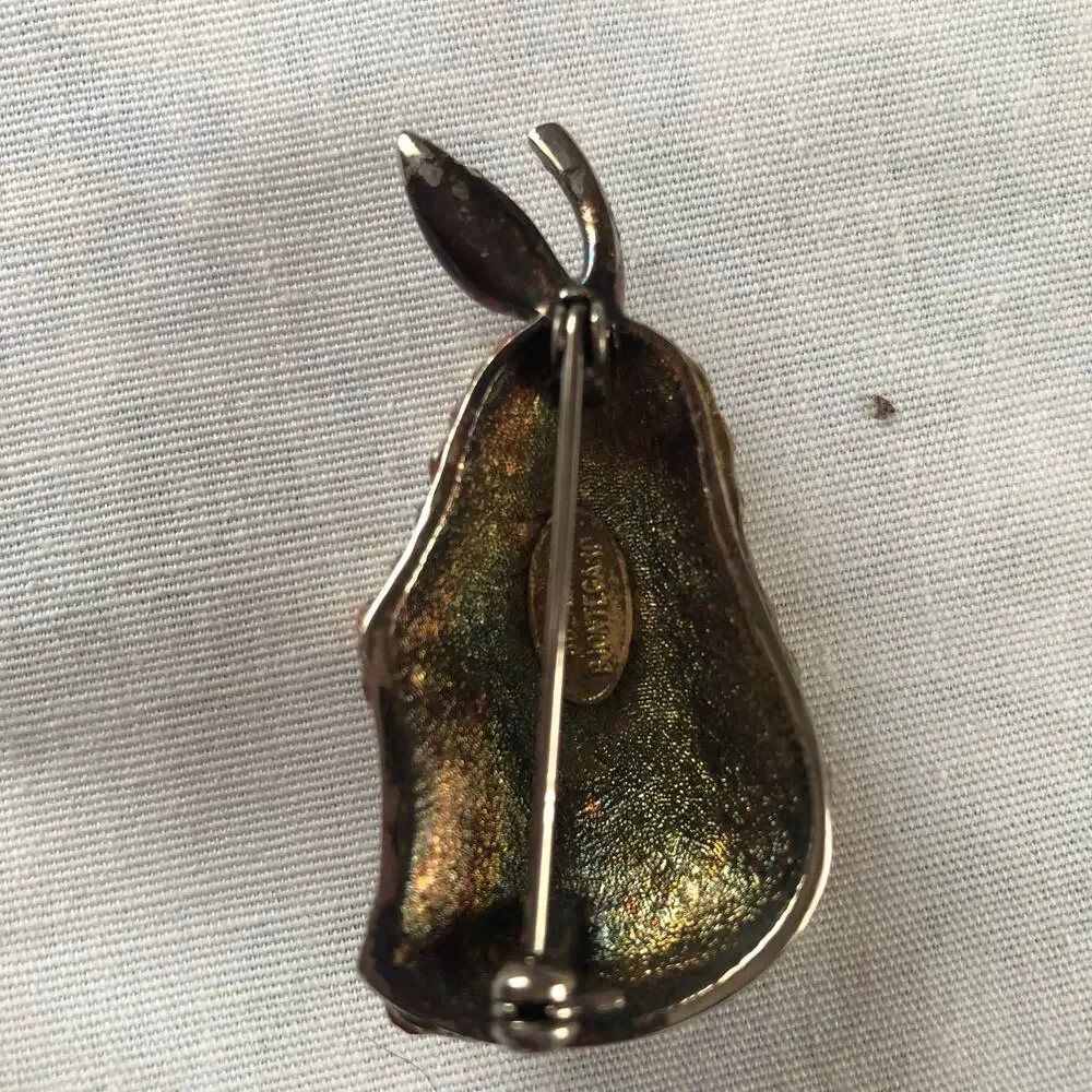 Suzanne Bjontegard Vintage Retro Brooch Pin Pear Fruit Crystals Lapel‎ Gold